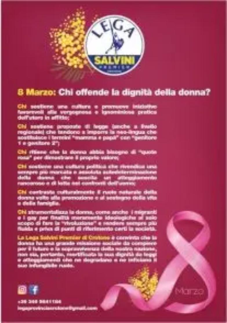 Il volantino shock della Lega a Crotone: &laquo;La donna? Deve badare alla famiglia&raquo;