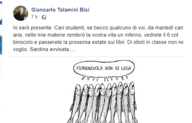 Il professore leghista agli studenti: "Se vi trovo tra le sardine, vi rendo la vita un inferno"