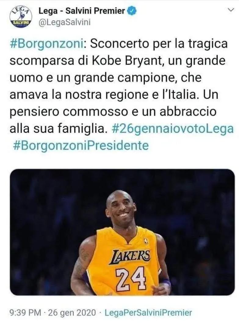 La Lega e Kobe Bryant: uno sciacallaggio bestiale. Poi le scuse