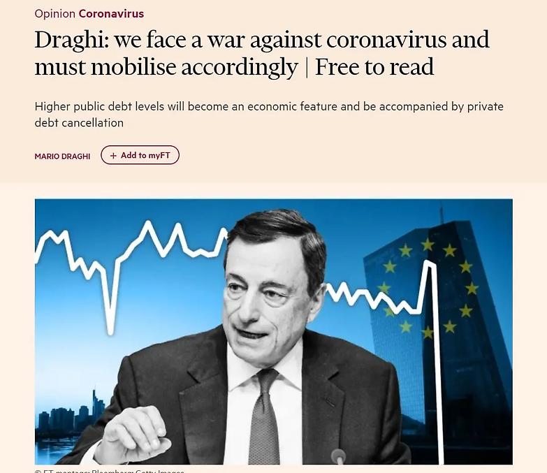 Draghi: "Debito e velocit&agrave;. Cambiare mentalit&agrave; o perderemo la guerra contro il coronavirus"
