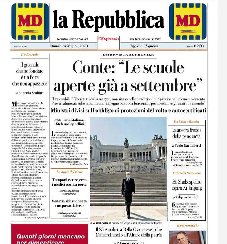 L&rsquo;editto di Conte su Repubblica: &laquo;Scuole? A settembre, forse. Dal 4 maggio nessun liberi tutti&raquo;