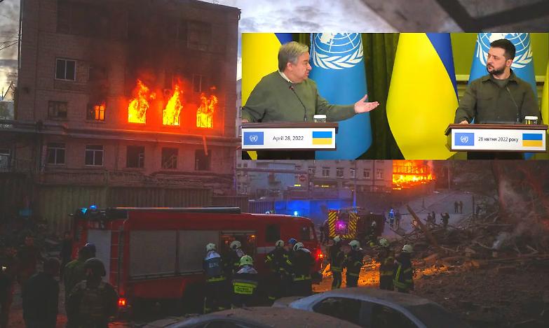 Missili russi su Kiev durante l'incontro tra Guterres e Zelensky: almeno un morto. E 8mila soldati britannici si avviano verso l'Europa orientale