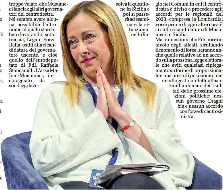 Meloni e Musumeci sfidano il centrodestra: se saltano le regole in Sicilia, poi saltano ovunque